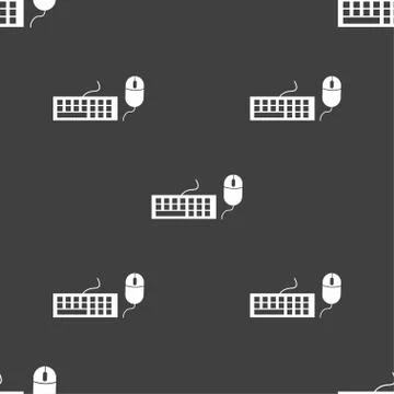 Computer keyboard and mouse Icon. Seamless pattern on a gray background. Vect 스톡 일러스트