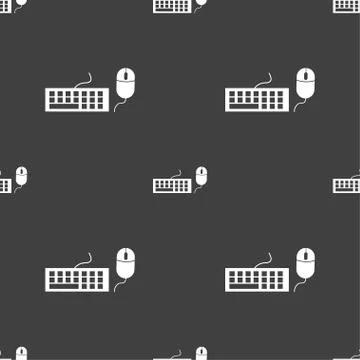 Computer keyboard and mouse Icon. Seamless pattern on a gray background. Vect 스톡 일러스트