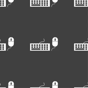Computer keyboard and mouse Icon. Seamless pattern on a gray background. Vect Illustrazione stock