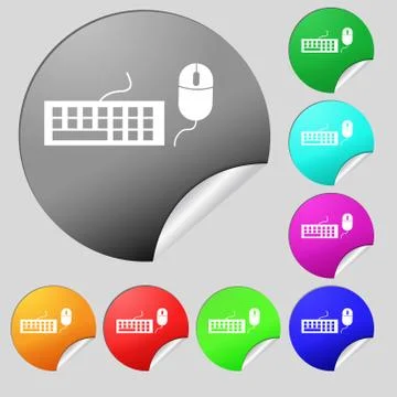 Computer keyboard and mouse Icon. Set of eight multi colored round buttons, stic Stockillustratie