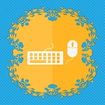 Computer keyboard and mouse Icon. Floral flat design on a blue abstract backgrou Stock Illustration