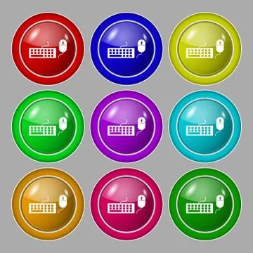 Computer keyboard and mouse Icon. Symbol on nine round colourful buttons. Stock Illustration