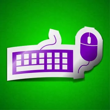 Computer keyboard and mouse icon sign. Symbol chic colored sticky label on green Illustrazione stock