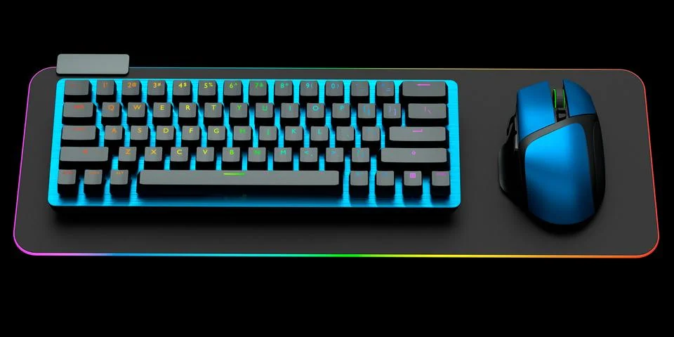 Computer keyboard and mouse on professional pad isolated on black background. Illustrazione stock