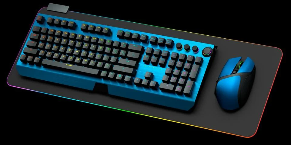 Computer keyboard and mouse on professional pad isolated on black background. Stock Illustration