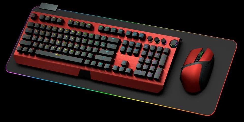 Computer keyboard and mouse on professional pad isolated on black background. Stock Illustration
