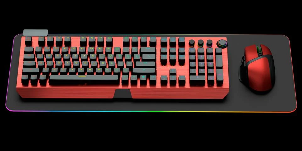 Computer keyboard and mouse on professional pad isolated on black background. Stock Illustration