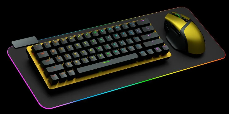Computer keyboard and mouse on professional pad isolated on black background. Stock Illustration