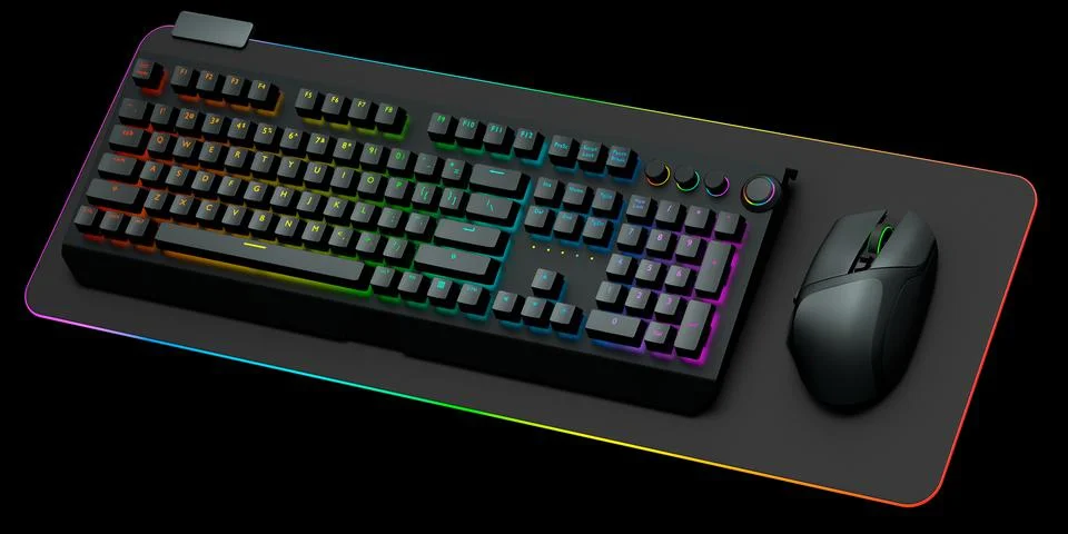 Computer keyboard and mouse on professional pad isolated on black background. Stock-Illustration
