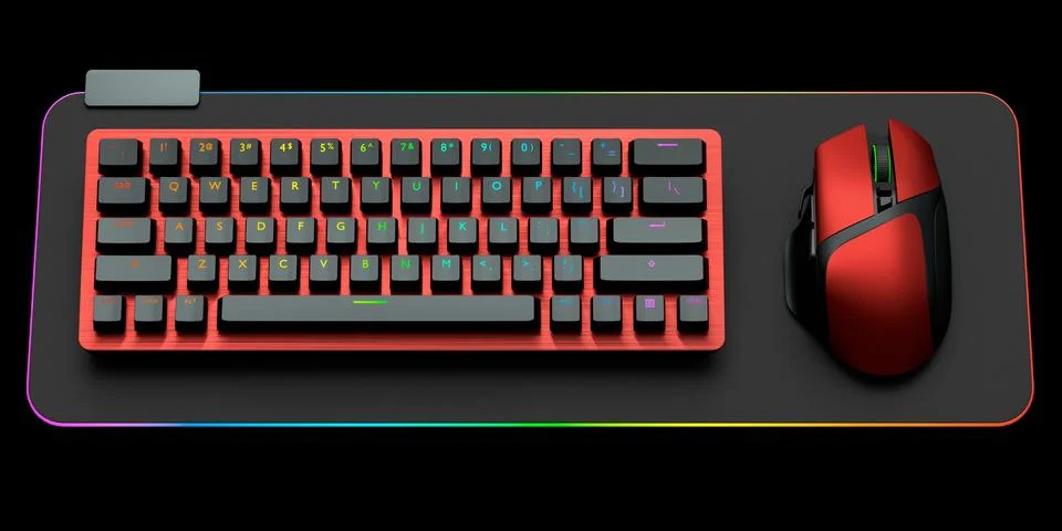 Computer keyboard and mouse on professional pad isolated on black background. Stock Illustration