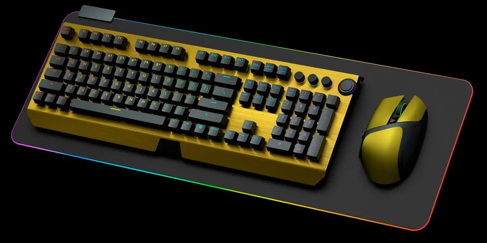 Computer keyboard and mouse on professional pad isolated on black background. Stock Illustration