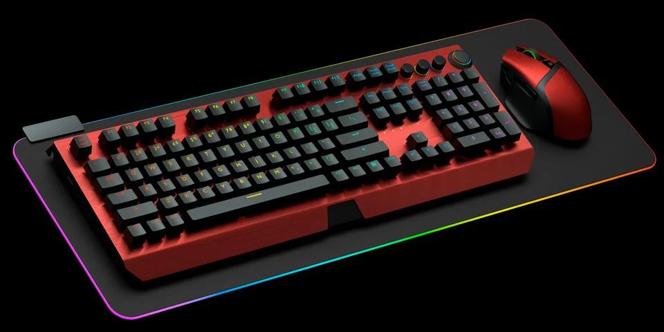 Computer keyboard and mouse on professional pad isolated on black background. Illustrazione stock