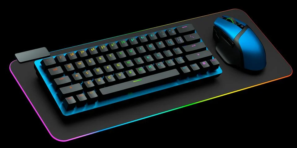 Computer keyboard and mouse on professional pad isolated on black background. Stock Illustration