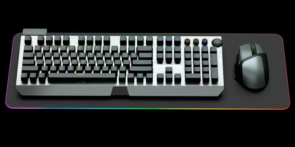Computer keyboard and mouse on professional pad isolated on black background. Stock Illustration