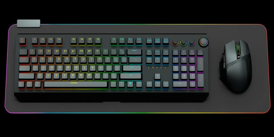Computer keyboard and mouse on professional pad isolated on black background. Stock Illustration