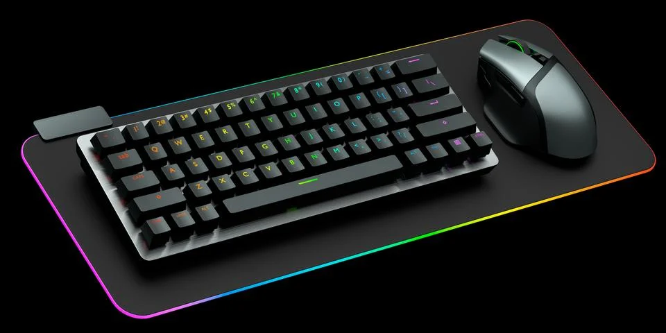 Computer keyboard and mouse on professional pad isolated on black background. Stock-Illustration