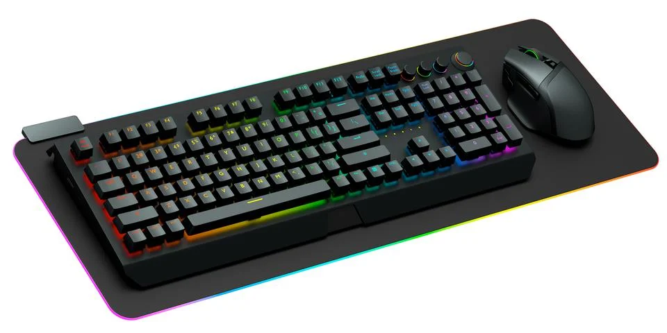 Computer keyboard and mouse on professional pad isolated on white background. Illustrazione stock