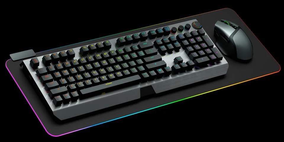 Computer keyboard and mouse on professional pad isolated on black background. Stock Illustration