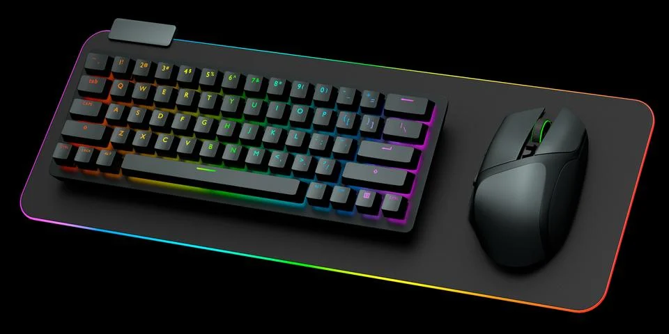 Computer keyboard and mouse on professional pad isolated on black background. Illustrazione stock