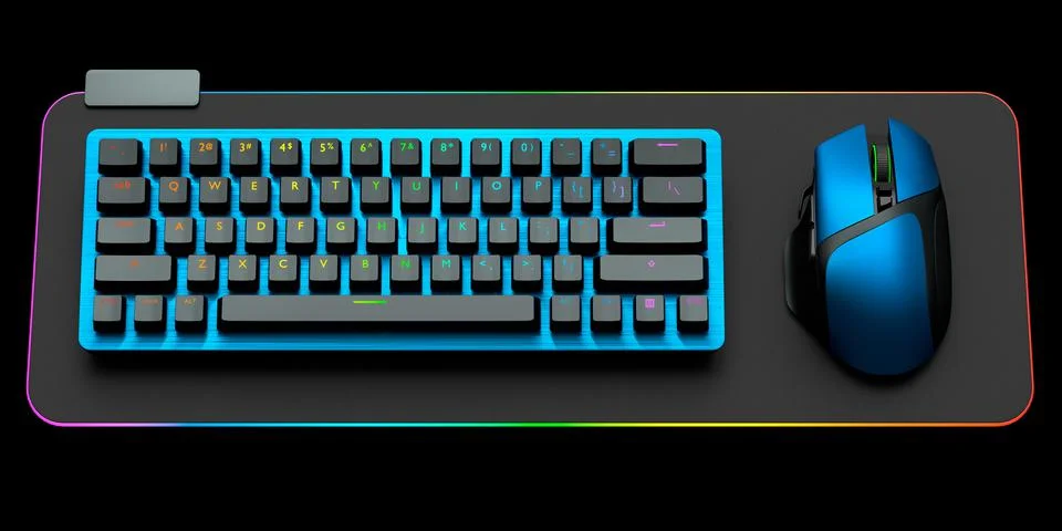 Computer keyboard and mouse on professional pad isolated on black background. Illustrazione stock