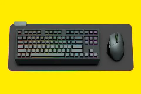 Computer keyboard and mouse on professional pad isolated on yellow background Stock-Illustration