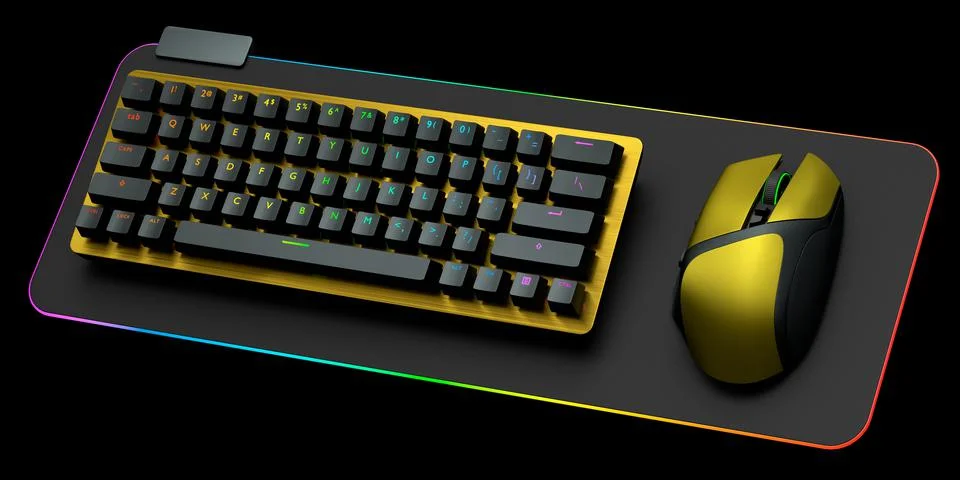Computer keyboard and mouse on professional pad isolated on black background. Stock-Illustration