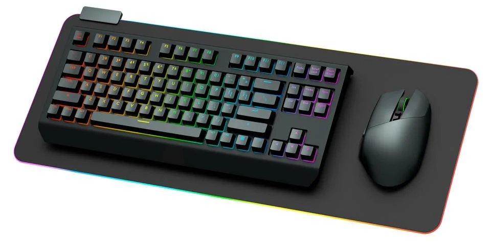 Computer keyboard and mouse on professional pad isolated on white background. Stock-Illustration