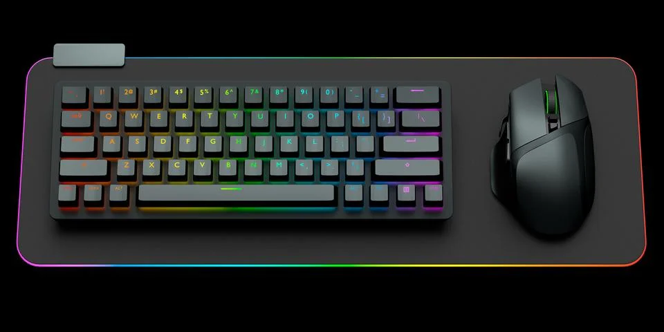 Computer keyboard and mouse on professional pad isolated on black background. Stock Illustration