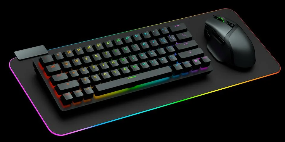 Computer keyboard and mouse on professional pad isolated on black background. Stock Illustration