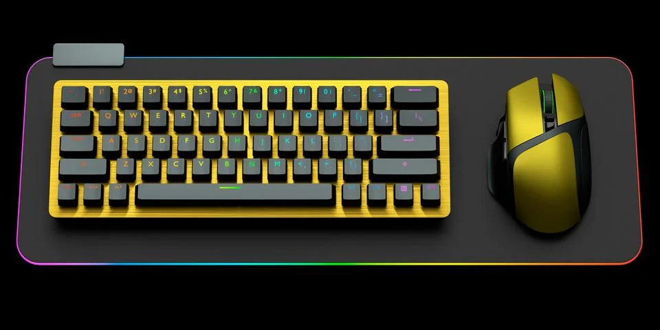 Computer keyboard and mouse on professional pad isolated on black background. Stock-Illustration