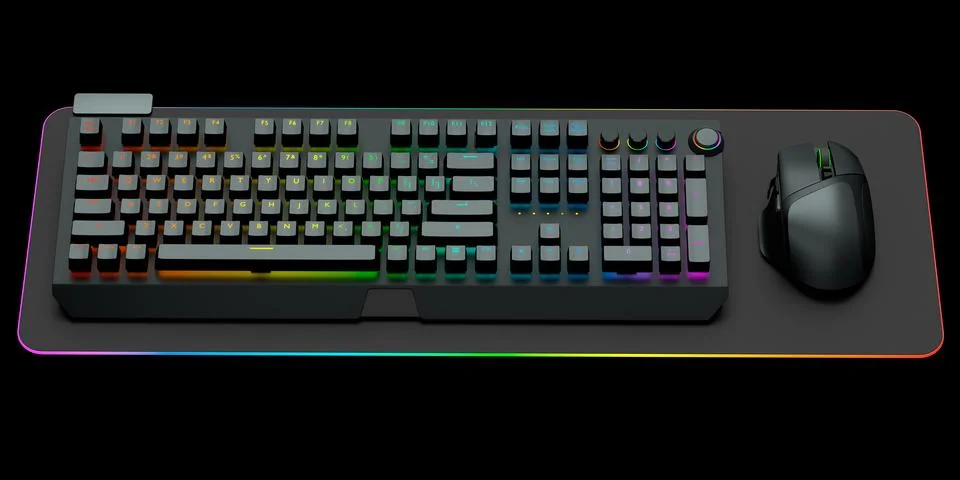Computer keyboard and mouse on professional pad isolated on black background. Stock Illustration