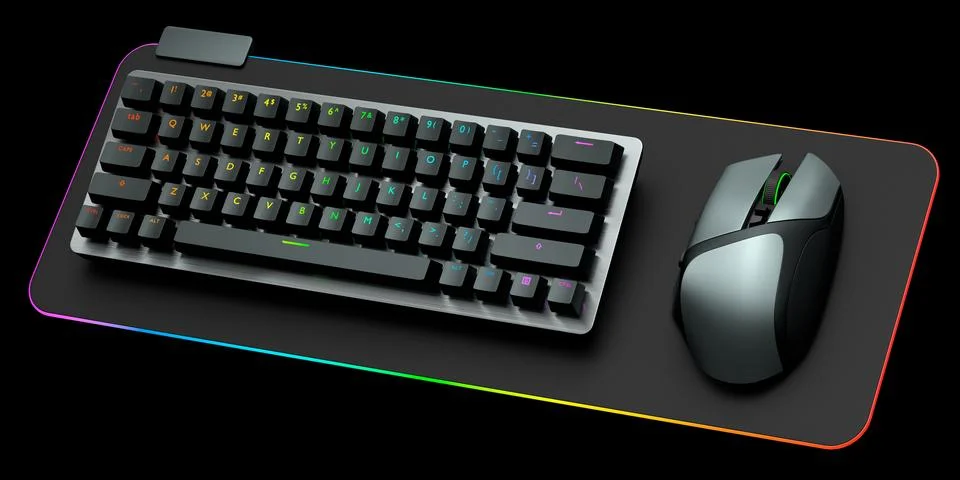 Computer keyboard and mouse on professional pad isolated on black background. Stock Illustration