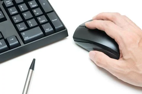 Computer keyboard and pen, hand holding mouse  isolated on white background Stock Photos