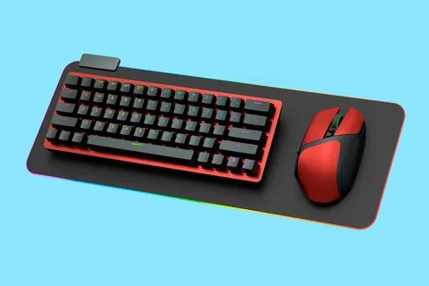 Computer keyboard and red mouse on professional pad isolated on blue backgrou Stock Illustration