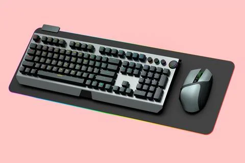 Computer keyboard and silver mouse on professional pad isolated on pink Illustrazione stock