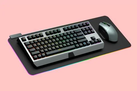 Computer keyboard and silver mouse on professional pad isolated on pink Stock Illustration