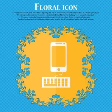 Computer keyboard and smatphone Icon. Floral flat design on a blue abstract b Illustrazione stock