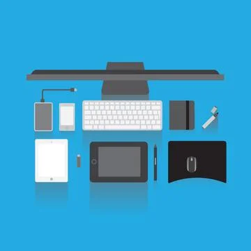 Computer, keyboard and tablet on blue background for online network, workspace Stock Photos