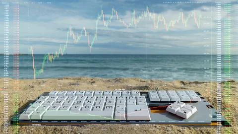 Computer keyboard on a beach 写真素材