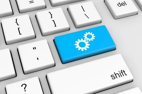 Computer Keyboard with Blue Gear Button Illustration 库存插图