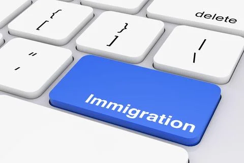 Computer Keyboard with a Blue Immigration in Focus. 3d Rendering Stock Illustration