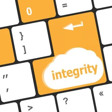 A computer keyboard with blue keys spelling integrity, Learn 库存插图