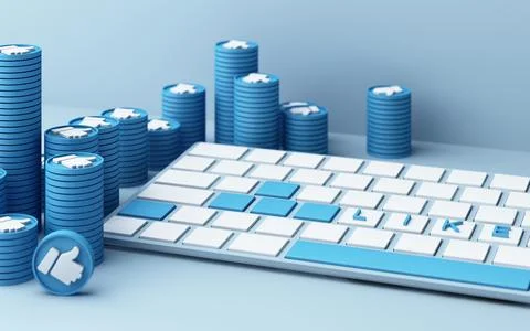 Computer keyboard with blue thumb up icon on blue background - social network 스톡 일러스트