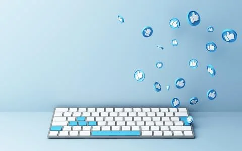 Computer keyboard with blue thumb up icon on blue background - social network 스톡 일러스트