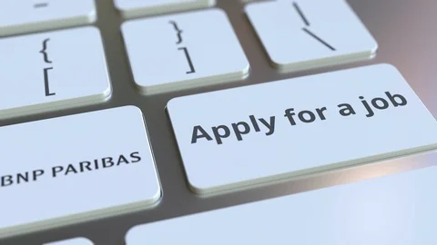 Computer keyboard with BNP PARIBAS logo and Apply for a job text on the keys Stock Footage 103790569