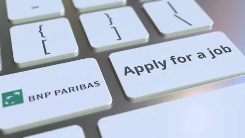 Computer keyboard with BNP PARIBAS logo and Apply for a job text on the keys 库存插图