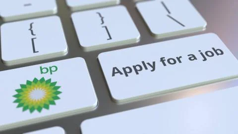 Computer keyboard with BP logo and Apply for a job text on the keys. Editorial Stock Illustration