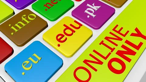 Computer keyboard button key with colorful website and Internet domain names. Foto stock