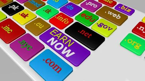 Computer keyboard button key with colorful website and Internet domain names. Foto stock