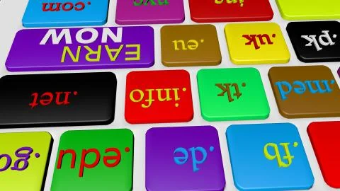 Computer keyboard button key with colorful website and Internet domain names. 스톡 사진